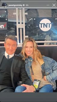 Janet Jones poses with Wayne Gretzky during Game 2 of the Stanley Cup Finals. Image Credit: janetgretzky/Instagram